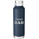 Laser etched navy 24 oz vacuum insulated water bottle with 'Soccer Dad2' design