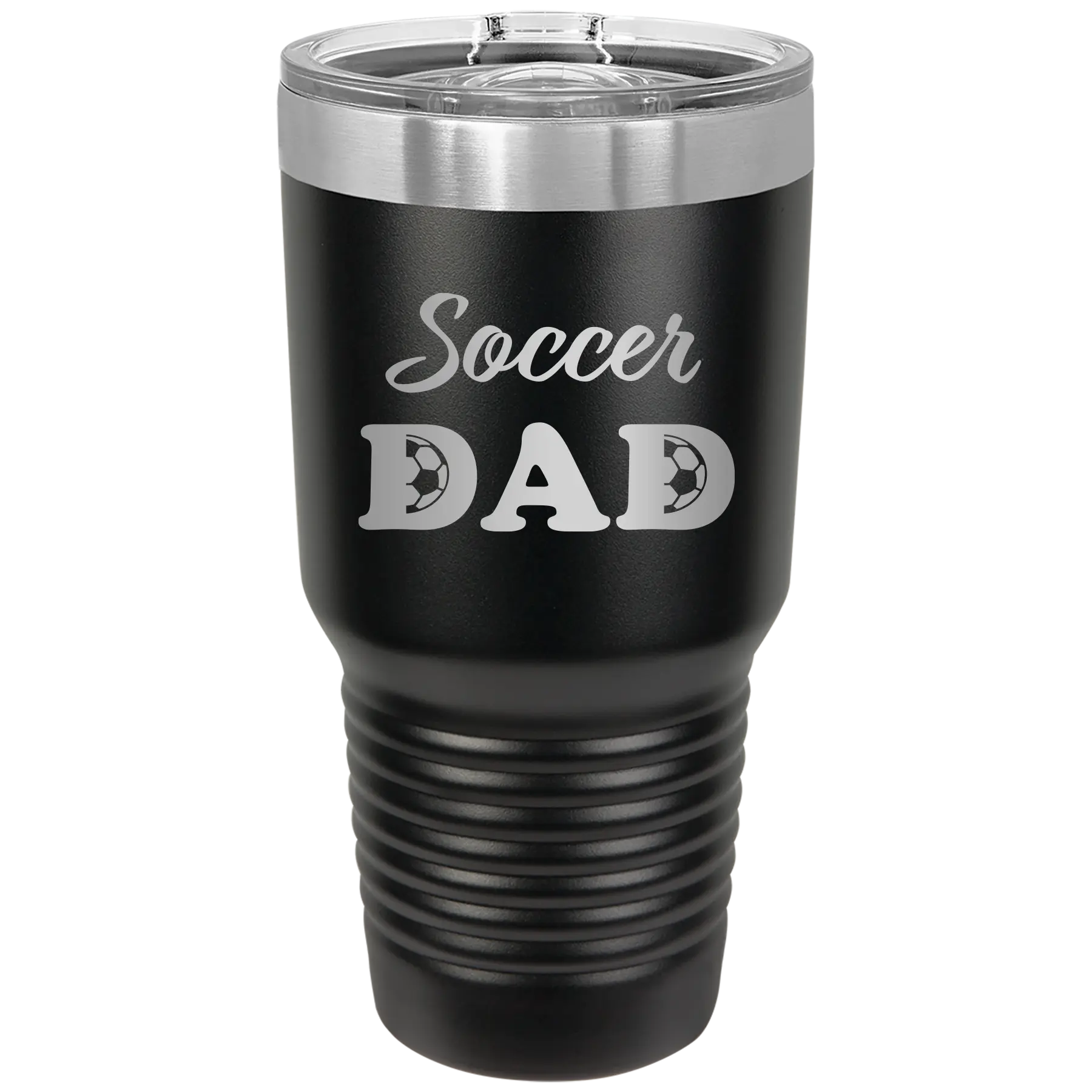 Laser etched black 30 oz vacuum insulated tumbler with 'Soccer Dad2' design