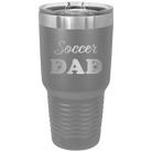 Laser etched dark gray 30 oz vacuum insulated tumbler with 'Soccer Dad2' design