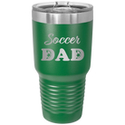 Laser etched green 30 oz vacuum insulated tumbler with 'Soccer Dad2' design