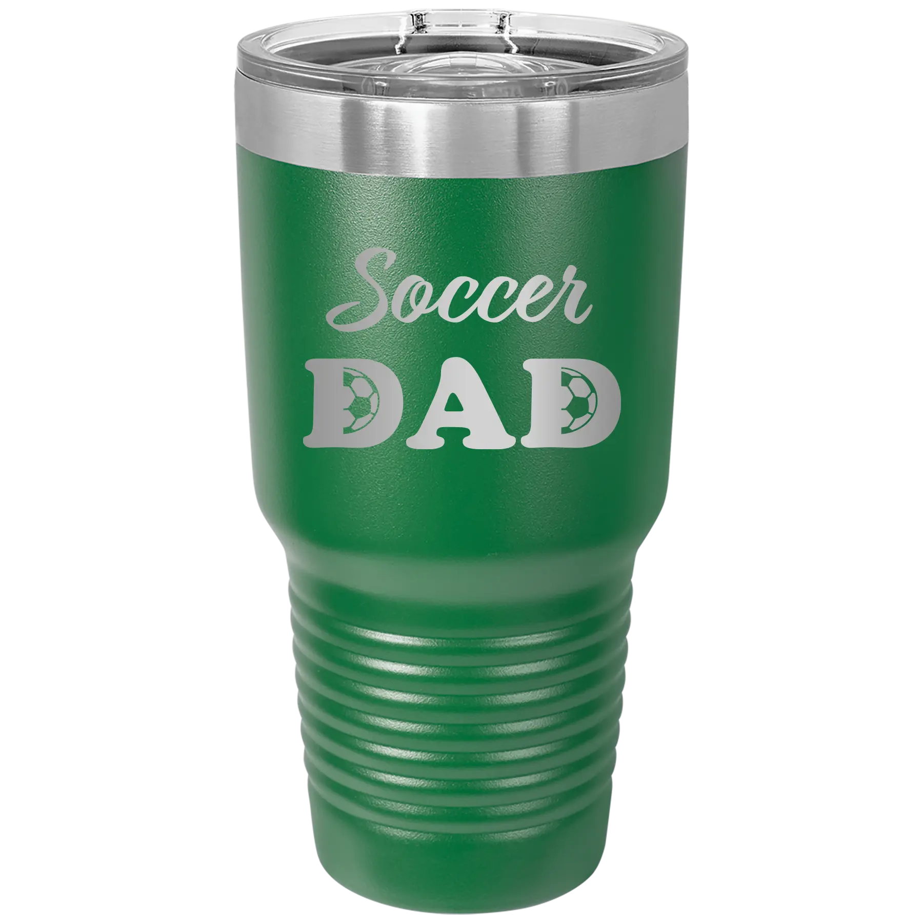 Laser etched green 30 oz vacuum insulated tumbler with 'Soccer Dad2' design