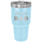 Laser etched light blue 30 oz vacuum insulated tumbler with 'Soccer Dad2' design