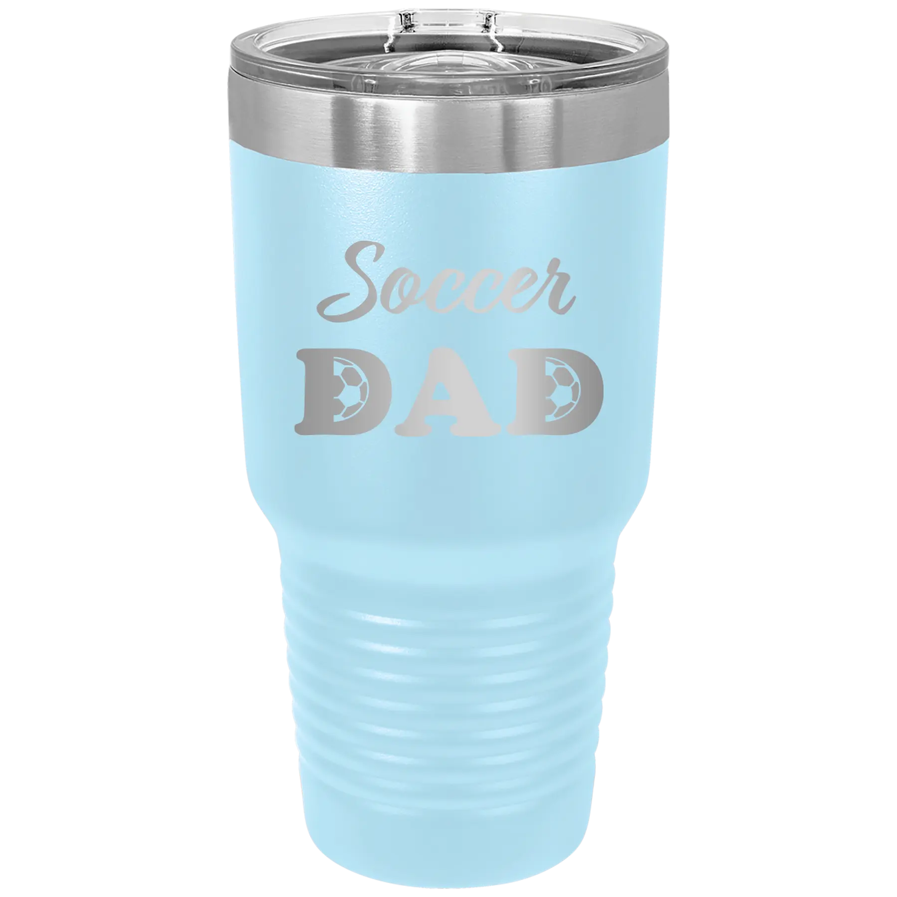 Laser etched light blue 30 oz vacuum insulated tumbler with 'Soccer Dad2' design
