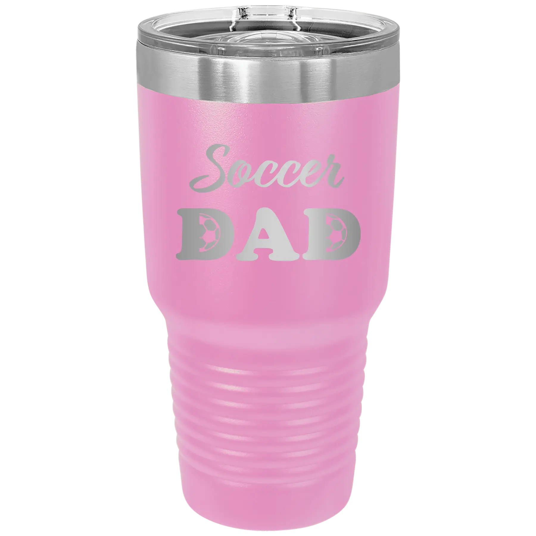 Laser etched light purple 30 oz vacuum insulated tumbler with 'Soccer Dad2' design