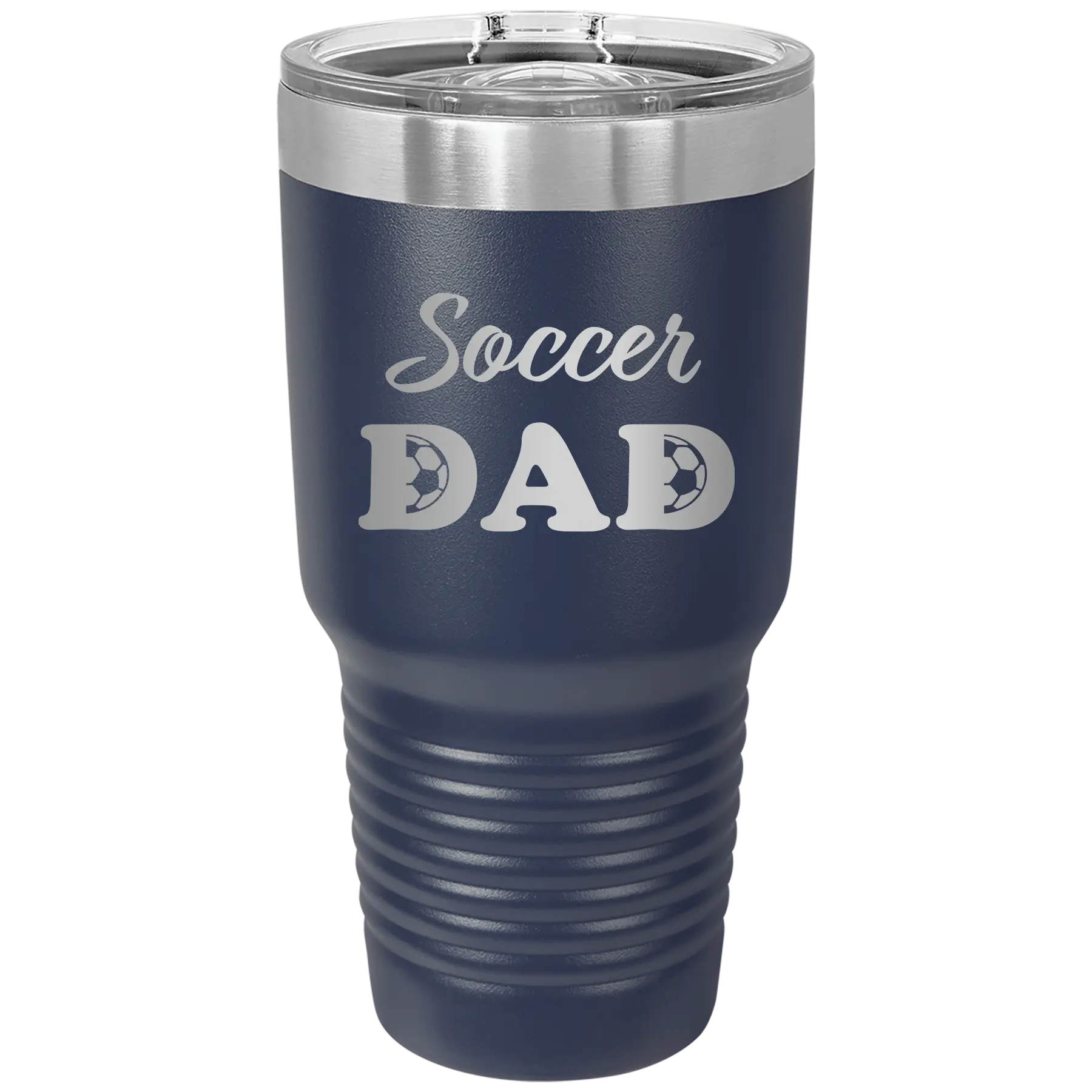 Laser etched navy 30 oz vacuum insulated tumbler with 'Soccer Dad2' design