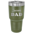 Laser etched olive green 30 oz vacuum insulated tumbler with 'Soccer Dad2' design