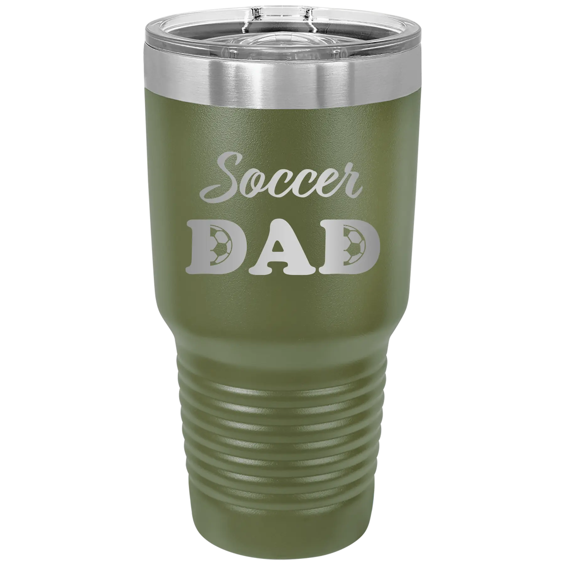 Laser etched olive green 30 oz vacuum insulated tumbler with 'Soccer Dad2' design