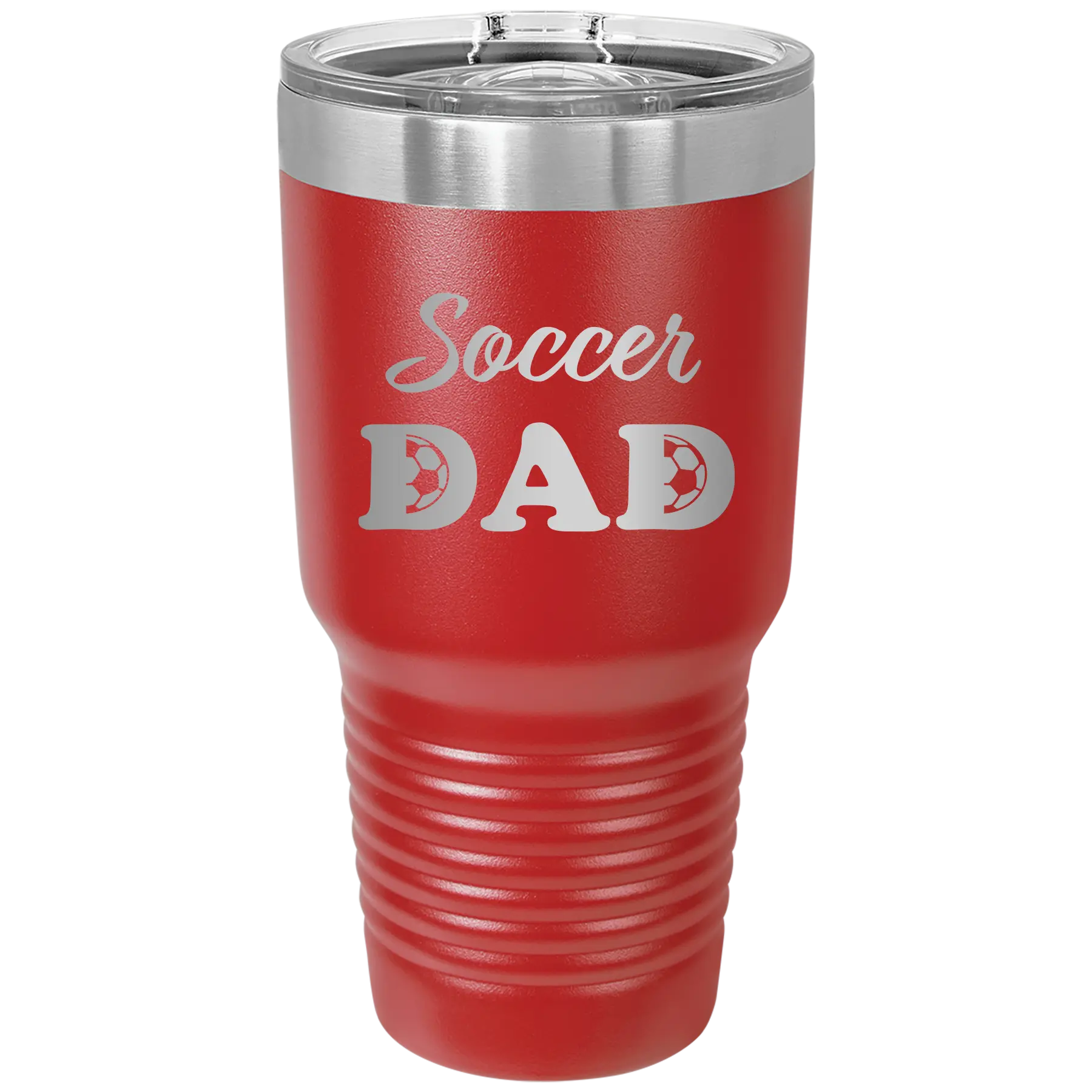 Laser etched red 30 oz vacuum insulated tumbler with 'Soccer Dad2' design