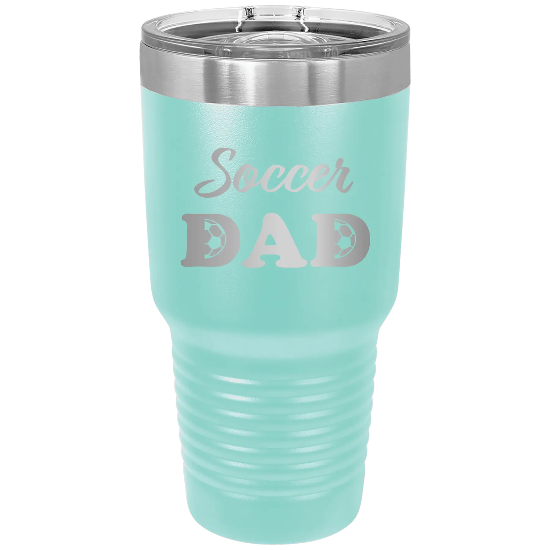 Laser etched teal 30 oz vacuum insulated tumbler with 'Soccer Dad2' design