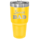 Laser etched yellow 30 oz vacuum insulated tumbler with 'Soccer Dad2' design