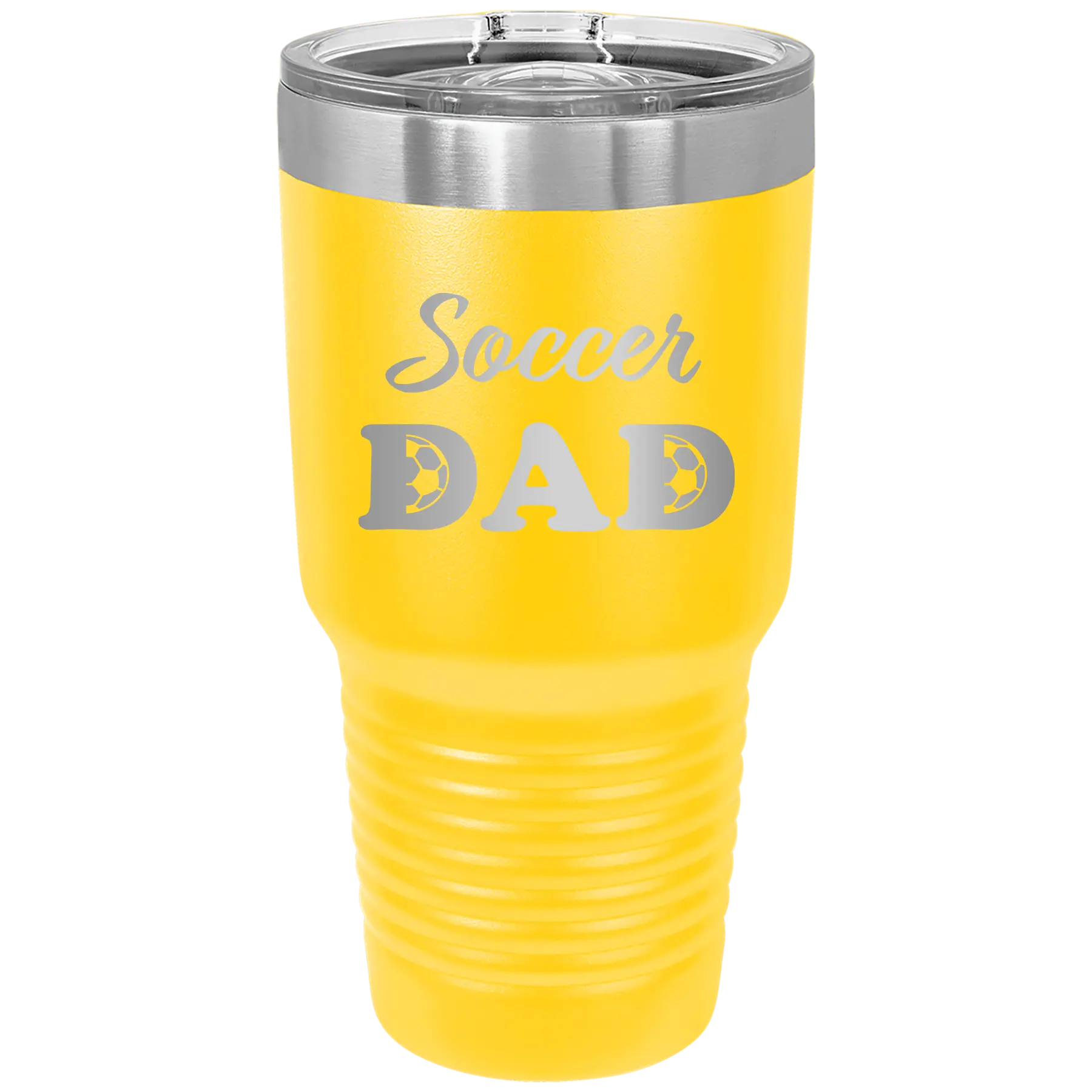 Laser etched yellow 30 oz vacuum insulated tumbler with 'Soccer Dad2' design