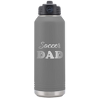 Laser etched dark gray 32 oz vacuum insulated water bottle with 'Soccer Dad2' design