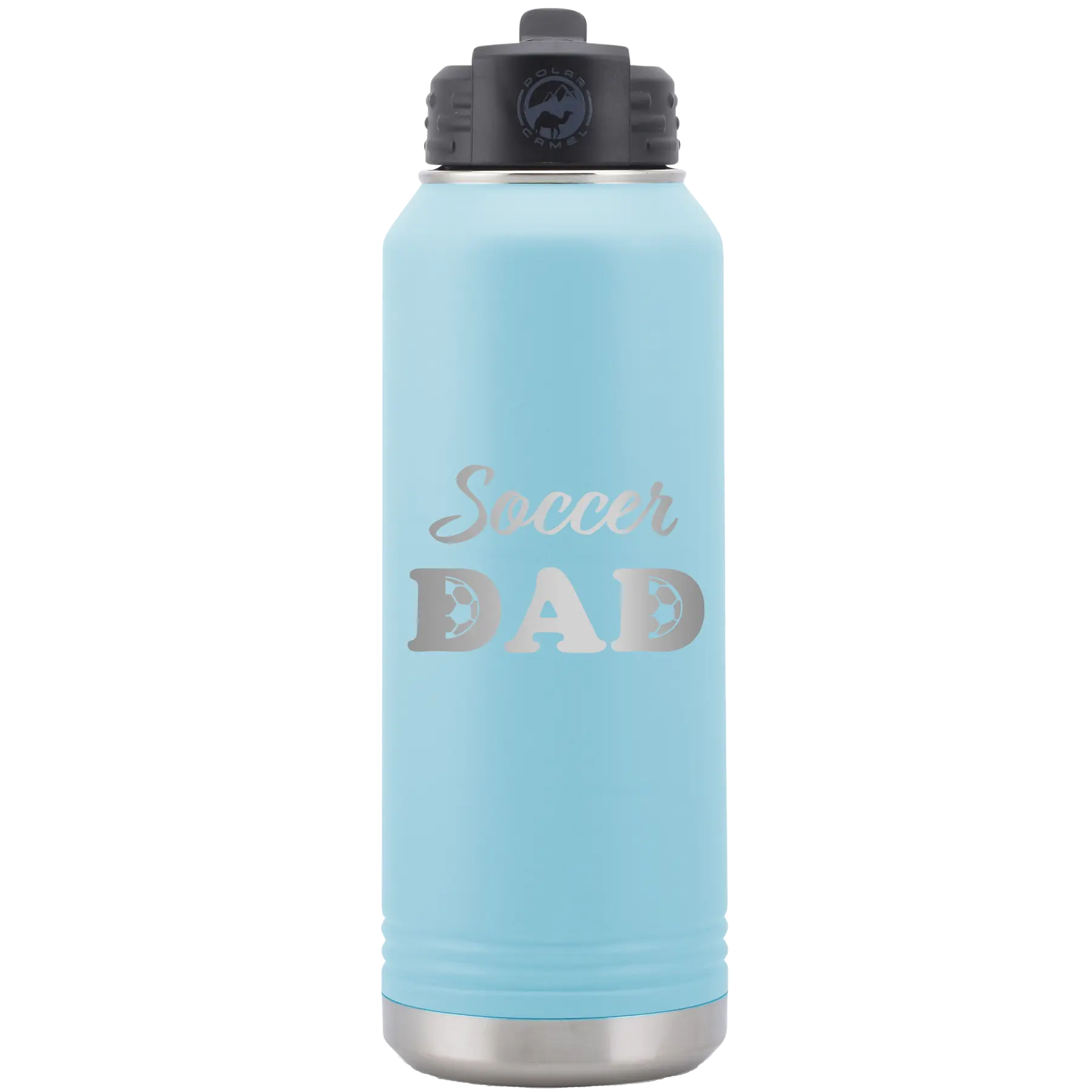 Laser etched light blue 32 oz vacuum insulated water bottle with 'Soccer Dad2' design