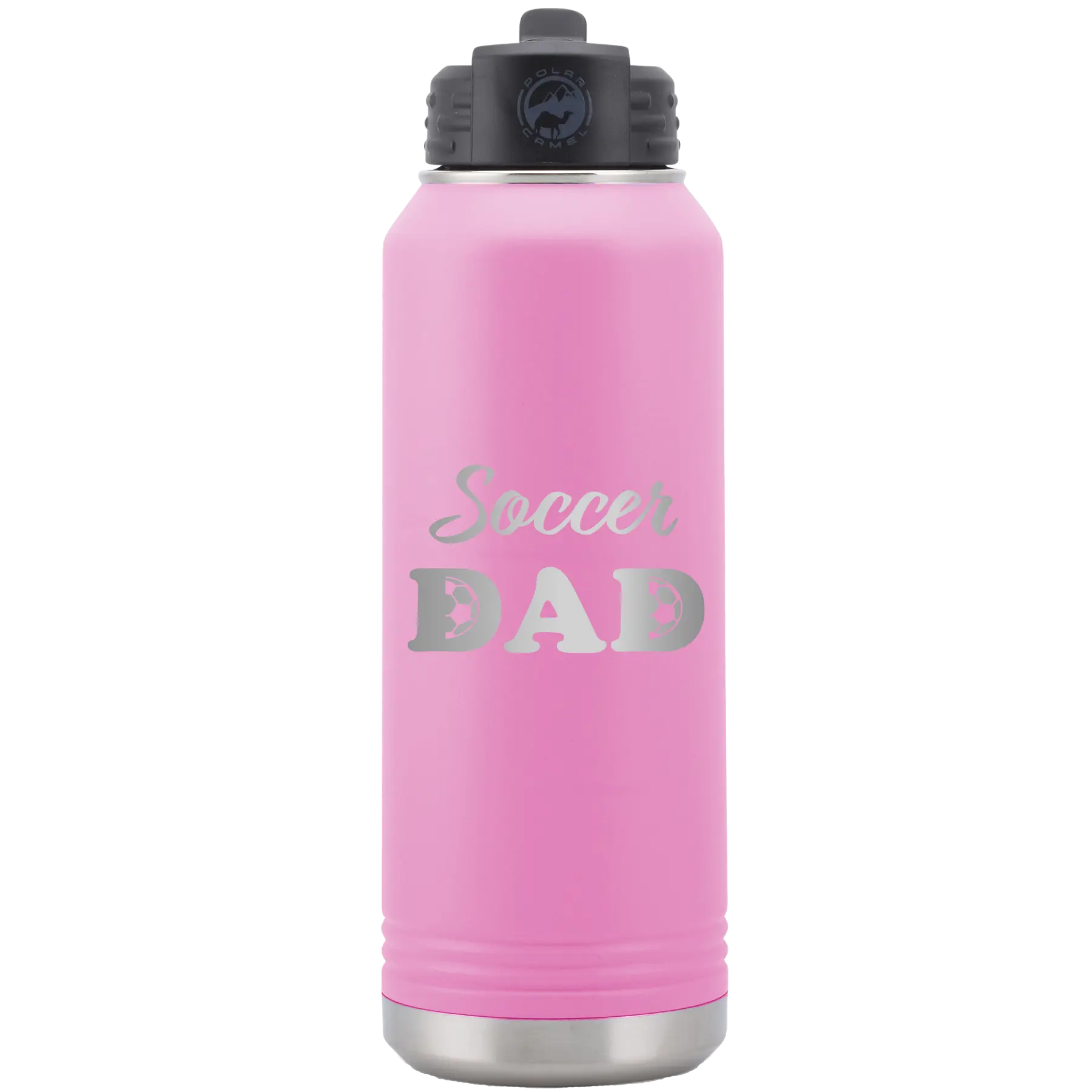 Laser etched light purple 32 oz vacuum insulated water bottle with 'Soccer Dad2' design