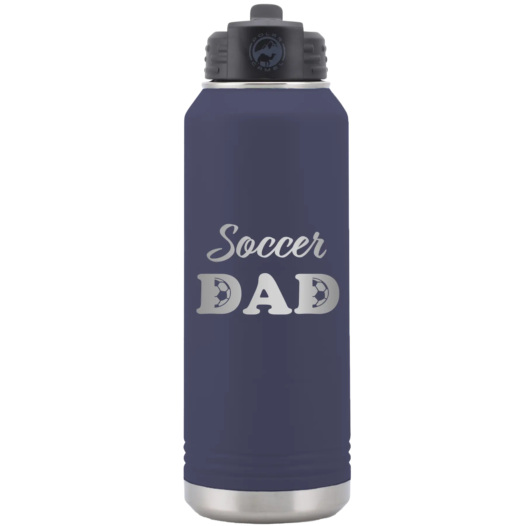 Laser etched navy 32 oz vacuum insulated water bottle with 'Soccer Dad2' design