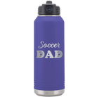 Laser etched purple 32 oz vacuum insulated water bottle with 'Soccer Dad2' design