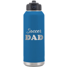 Laser etched royal blue 32 oz vacuum insulated water bottle with 'Soccer Dad2' design
