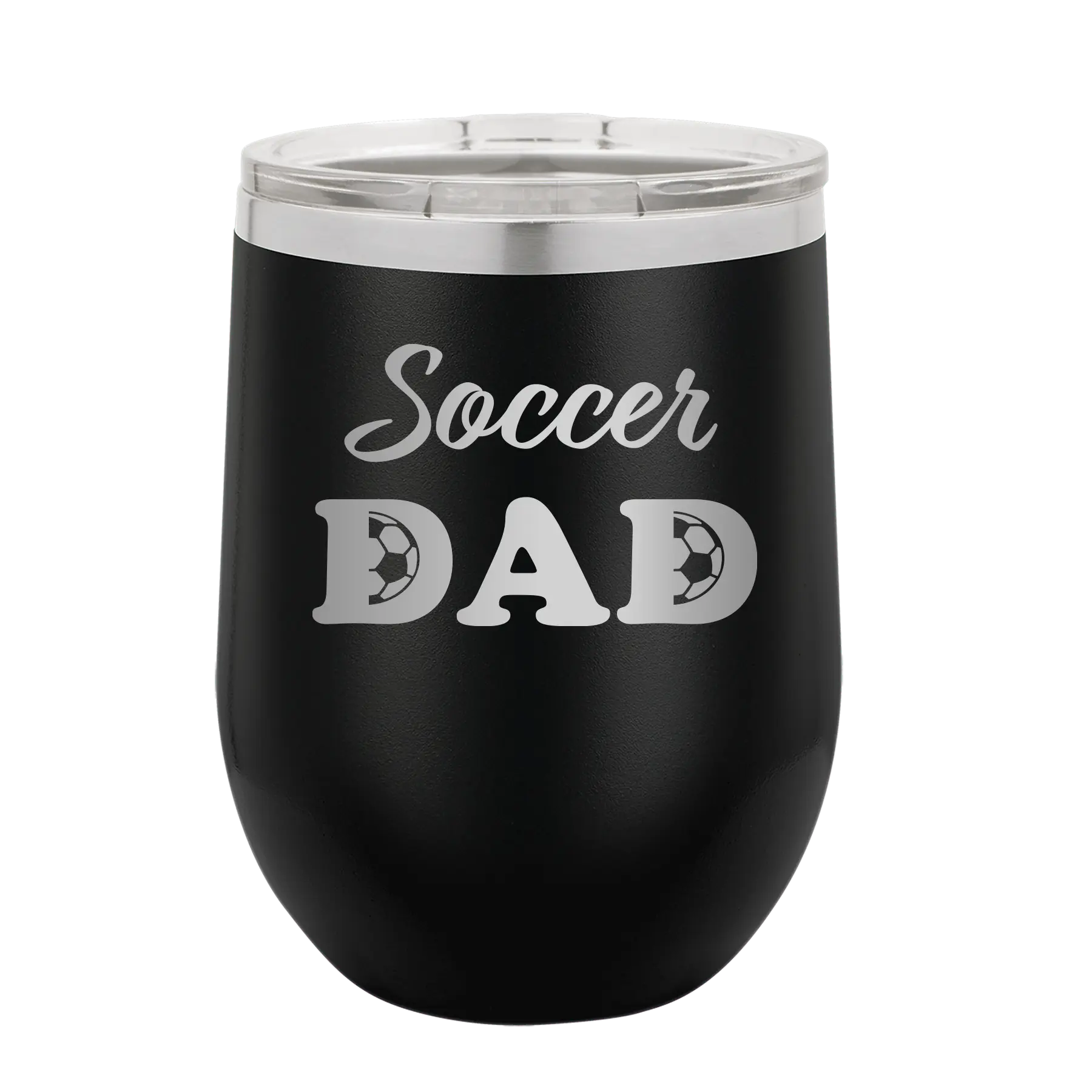 Laser etched black 12 oz vacuum insulated wine cup with 'Soccer Dad2' design