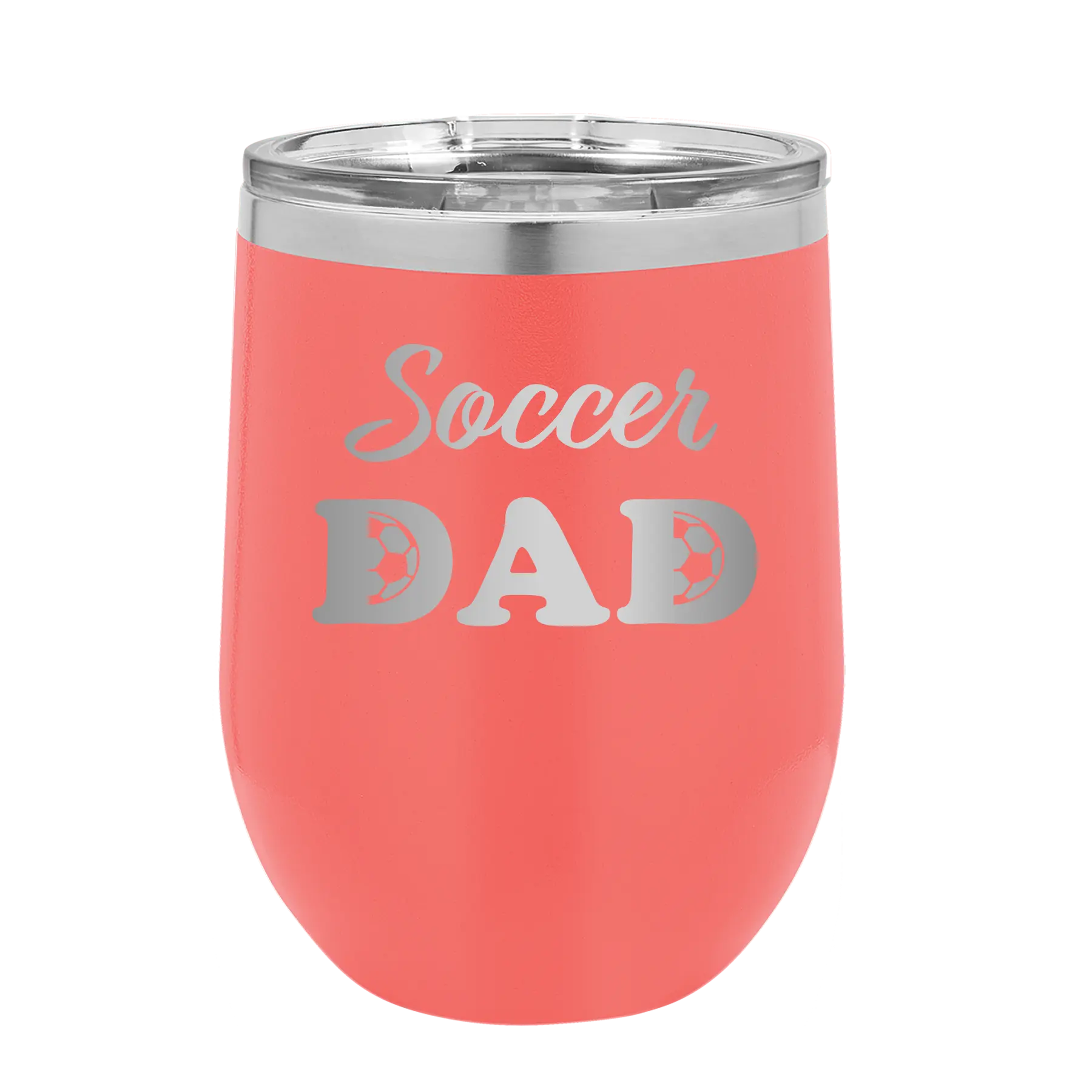 Laser etched coral 12 oz vacuum insulated wine cup with 'Soccer Dad2' design