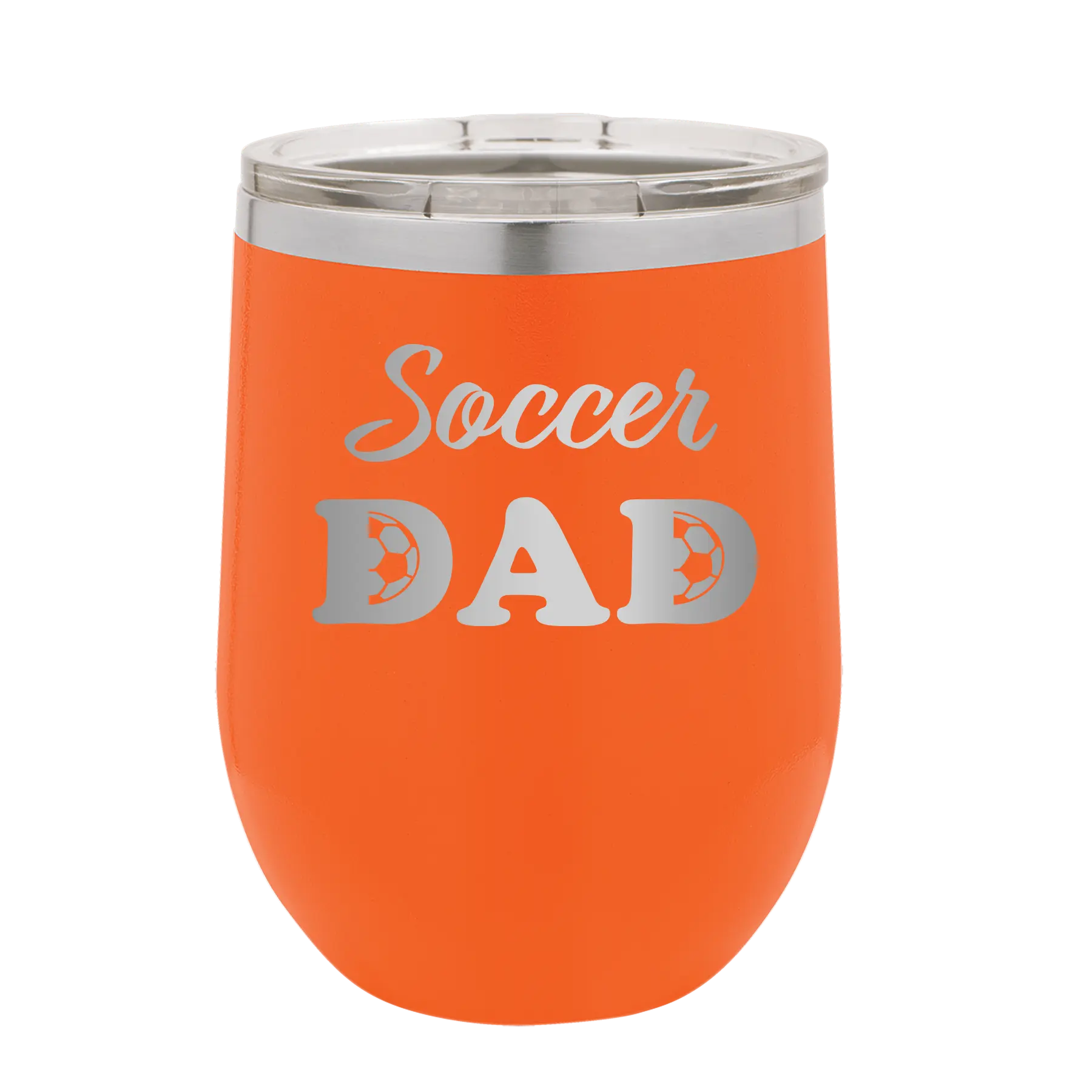 Laser etched orange 12 oz vacuum insulated wine cup with 'Soccer Dad2' design