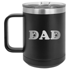 Laser etched black 15 oz vacuum insulated coffee mug with 'Soccer Dad' design