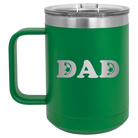 Laser etched green 15 oz vacuum insulated coffee mug with 'Soccer Dad' design