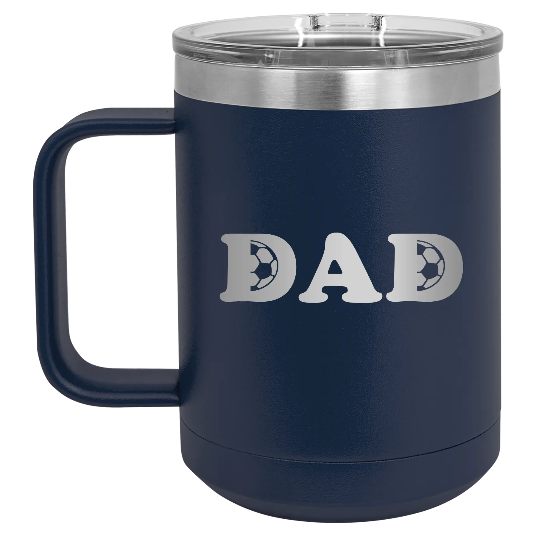 Laser etched navy 15 oz vacuum insulated coffee mug with 'Soccer Dad' design