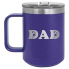 Laser etched purple 15 oz vacuum insulated coffee mug with 'Soccer Dad' design
