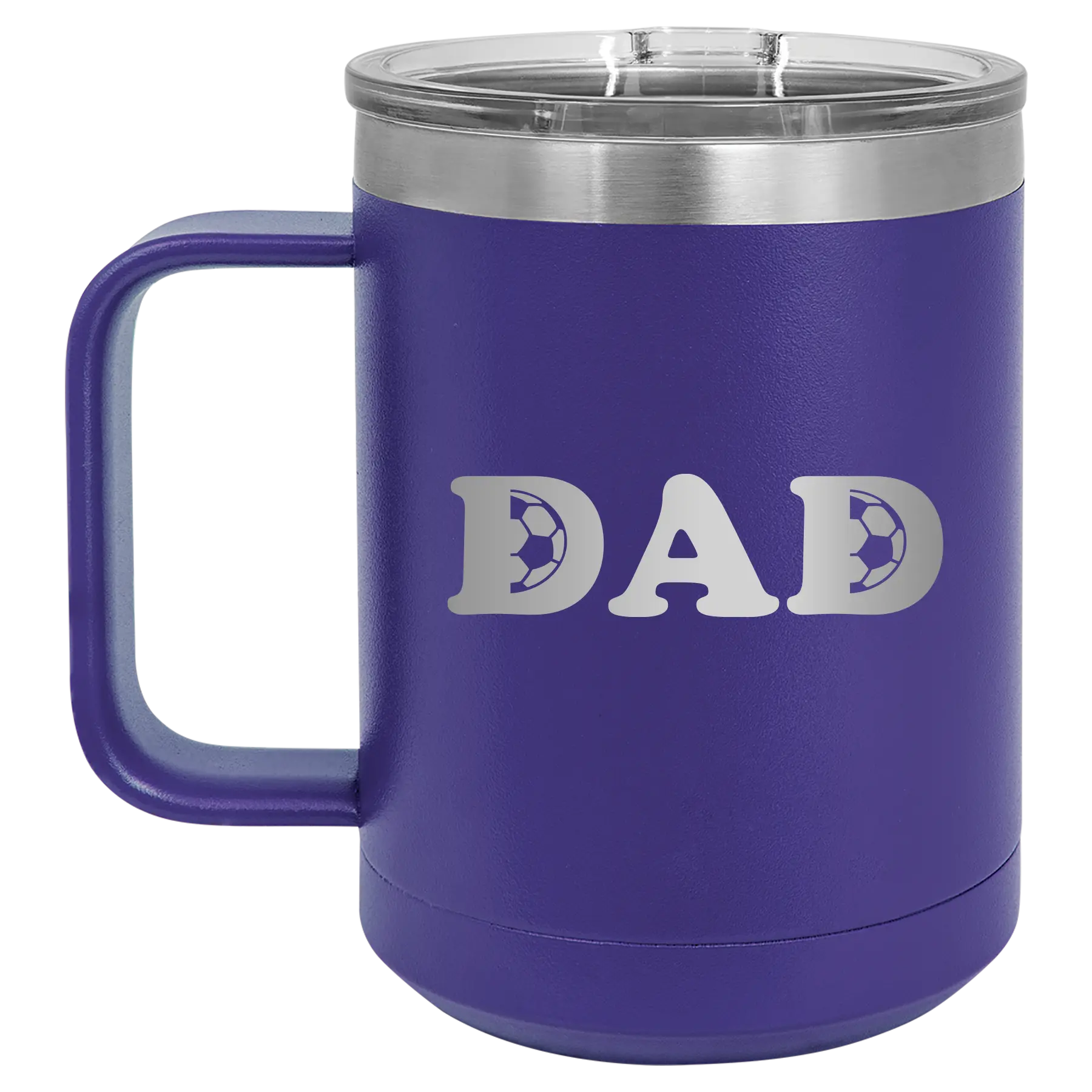 Laser etched purple 15 oz vacuum insulated coffee mug with 'Soccer Dad' design
