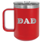 Laser etched red 15 oz vacuum insulated coffee mug with 'Soccer Dad' design