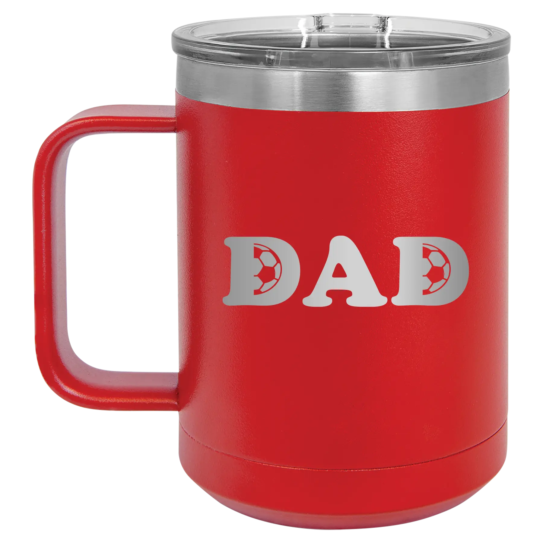 Laser etched red 15 oz vacuum insulated coffee mug with 'Soccer Dad' design