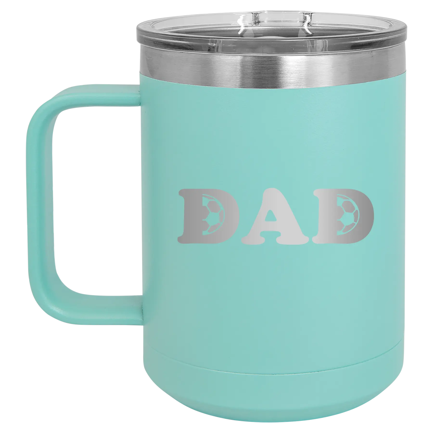 Laser etched teal 15 oz vacuum insulated coffee mug with 'Soccer Dad' design