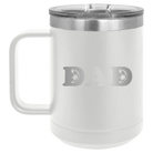 Laser etched white 15 oz vacuum insulated coffee mug with 'Soccer Dad' design