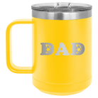 Laser etched yellow 15 oz vacuum insulated coffee mug with 'Soccer Dad' design