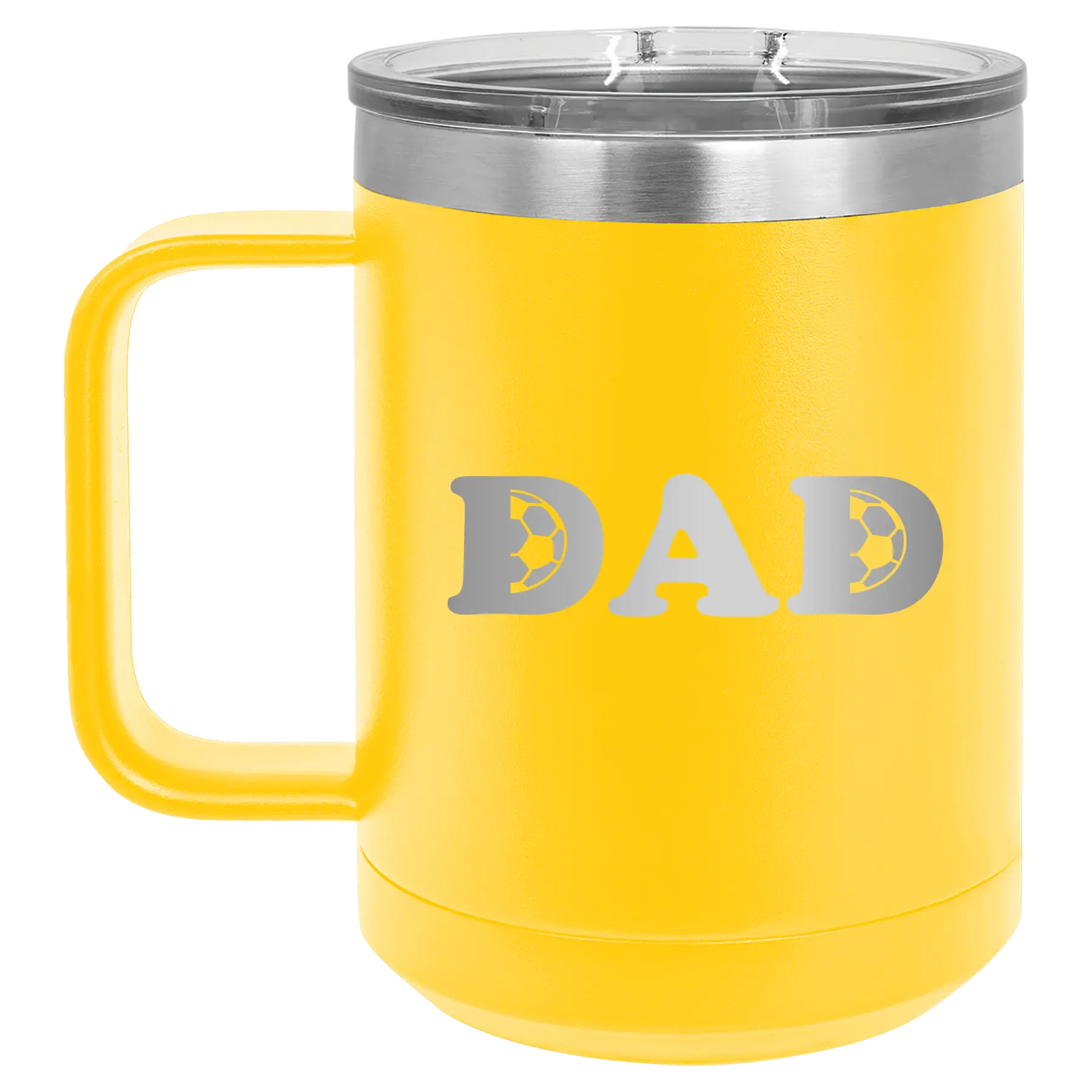 Laser etched yellow 15 oz vacuum insulated coffee mug with 'Soccer Dad' design