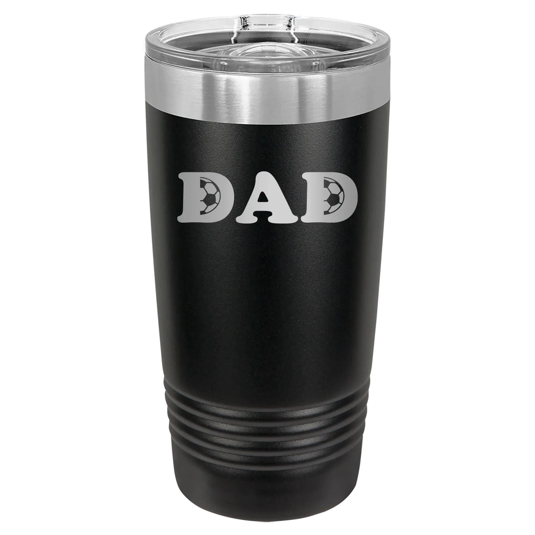 Laser etched black 20 oz vacuum insulated tumbler with 'Soccer Dad' design