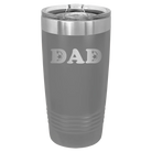 Laser etched dark gray 20 oz vacuum insulated tumbler with 'Soccer Dad' design