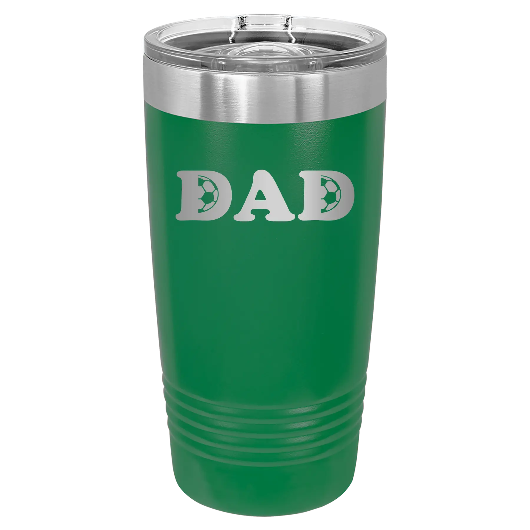 Laser etched green 20 oz vacuum insulated tumbler with 'Soccer Dad' design