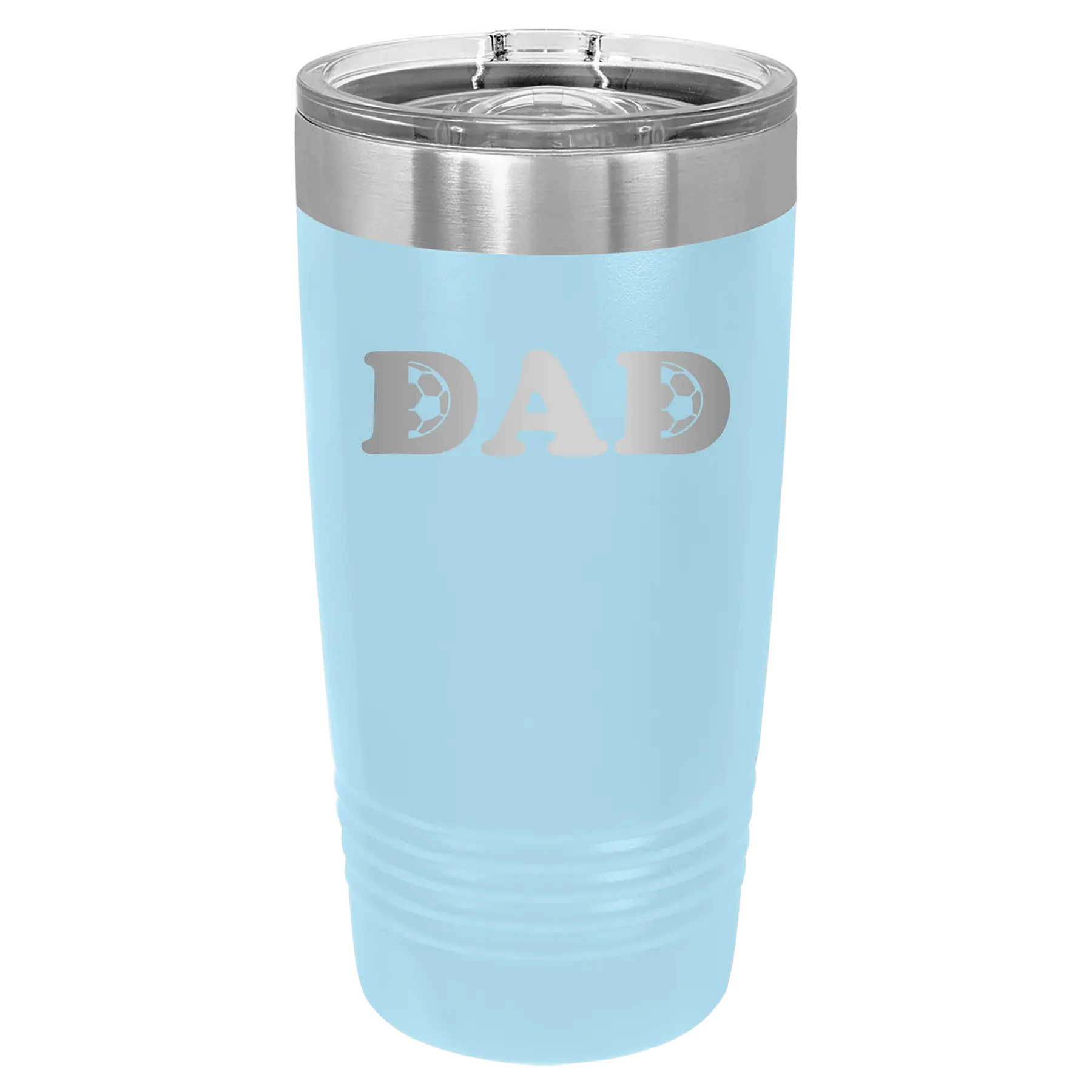 Laser etched light blue 20 oz vacuum insulated tumbler with 'Soccer Dad' design