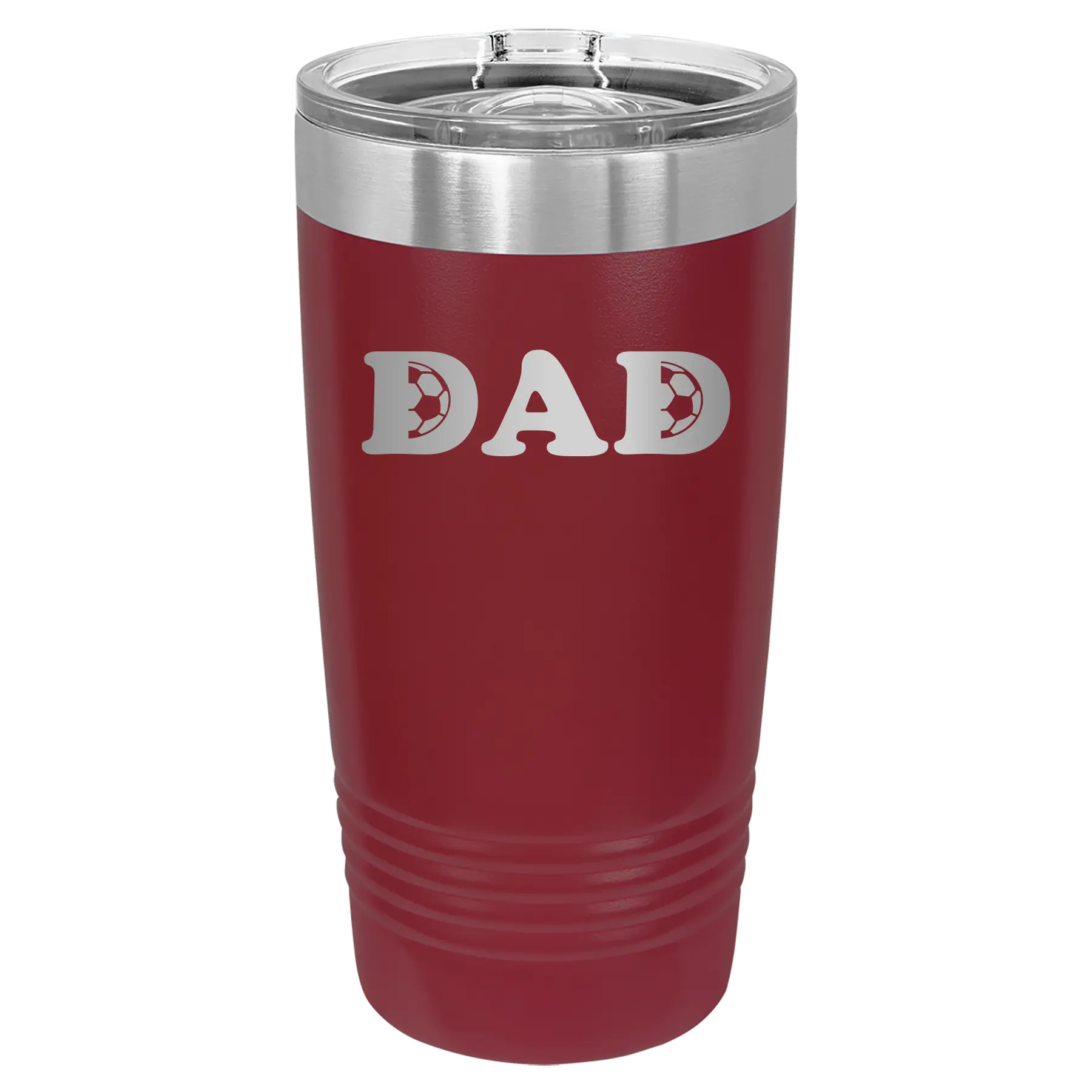 Laser etched maroon 20 oz vacuum insulated tumbler with 'Soccer Dad' design
