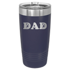 Laser etched navy 20 oz vacuum insulated tumbler with 'Soccer Dad' design