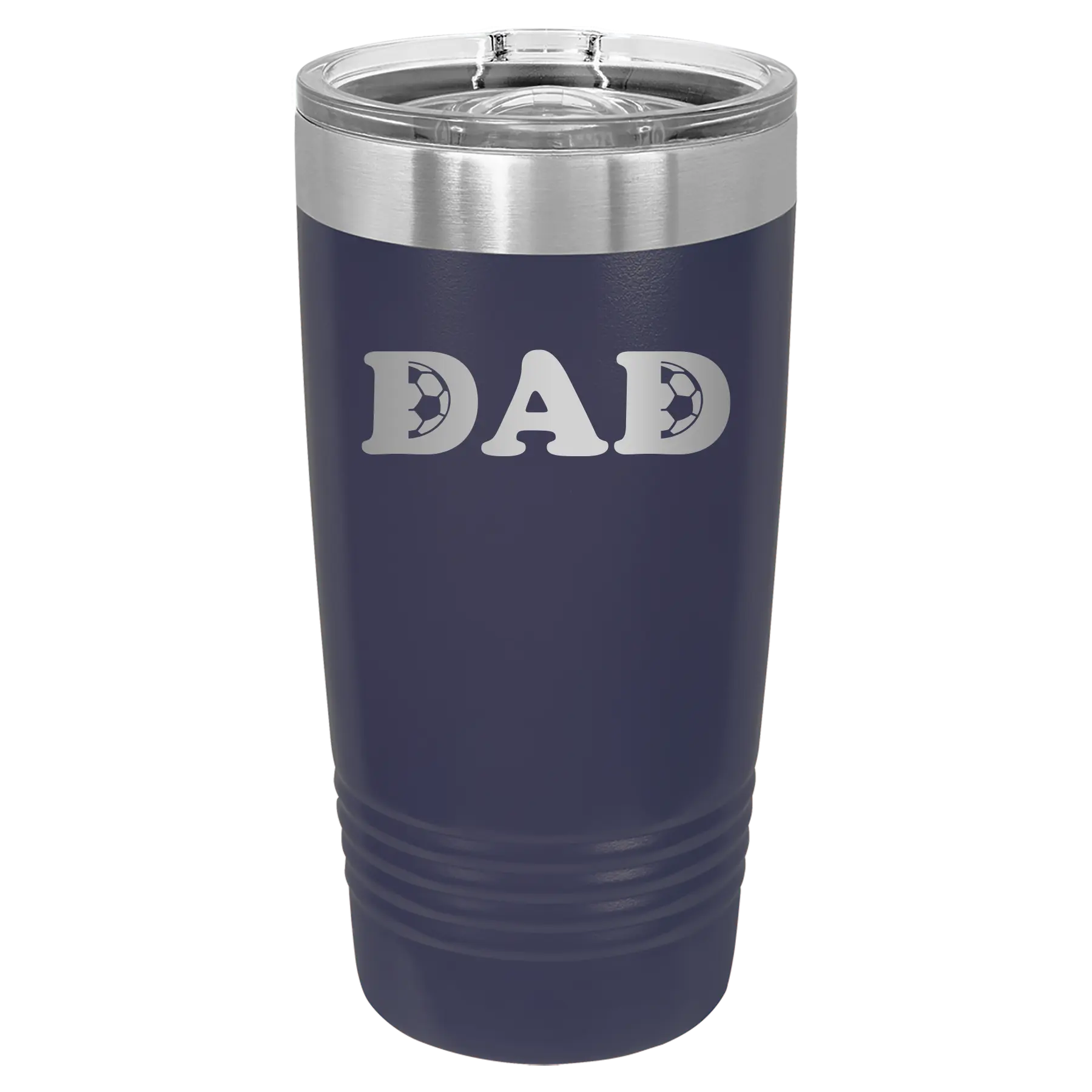 Laser etched navy 20 oz vacuum insulated tumbler with 'Soccer Dad' design