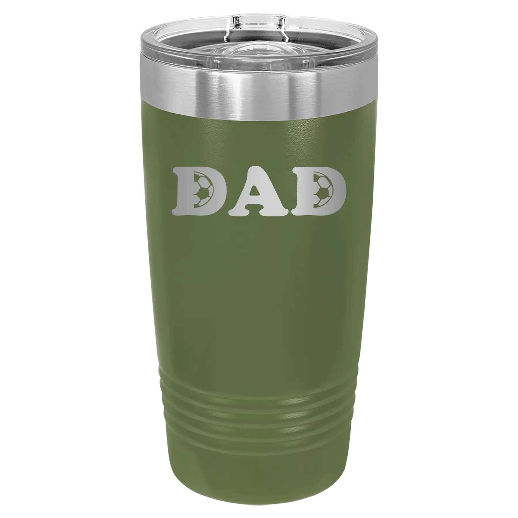 Laser etched olive green 20 oz vacuum insulated tumbler with 'Soccer Dad' design