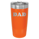 Laser etched orange 20 oz vacuum insulated tumbler with 'Soccer Dad' design