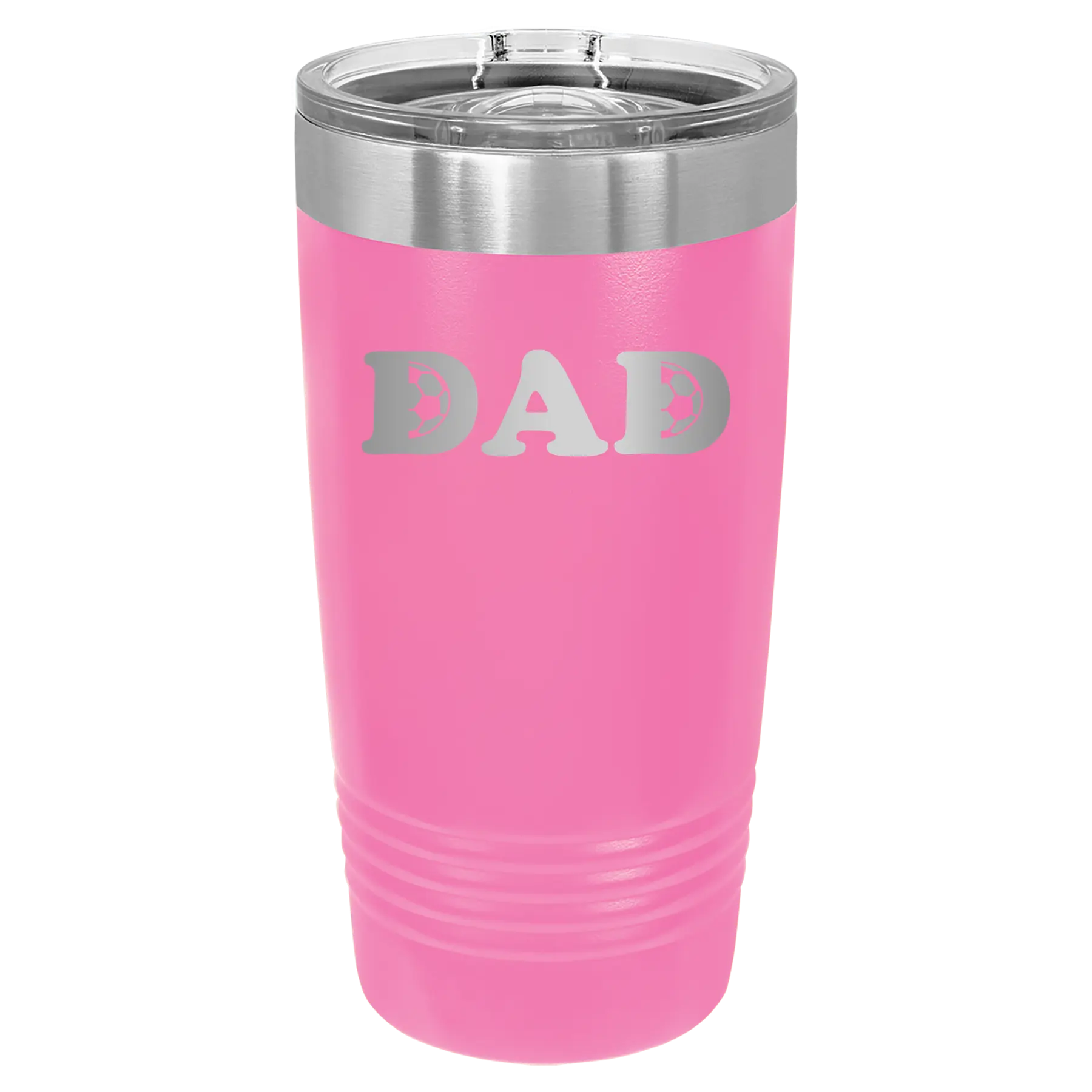 Laser etched pink 20 oz vacuum insulated tumbler with 'Soccer Dad' design