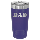 Laser etched purple 20 oz vacuum insulated tumbler with 'Soccer Dad' design