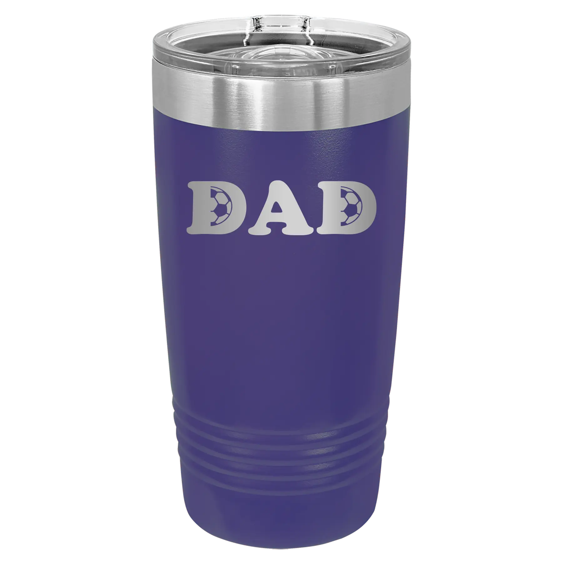 Laser etched purple 20 oz vacuum insulated tumbler with 'Soccer Dad' design