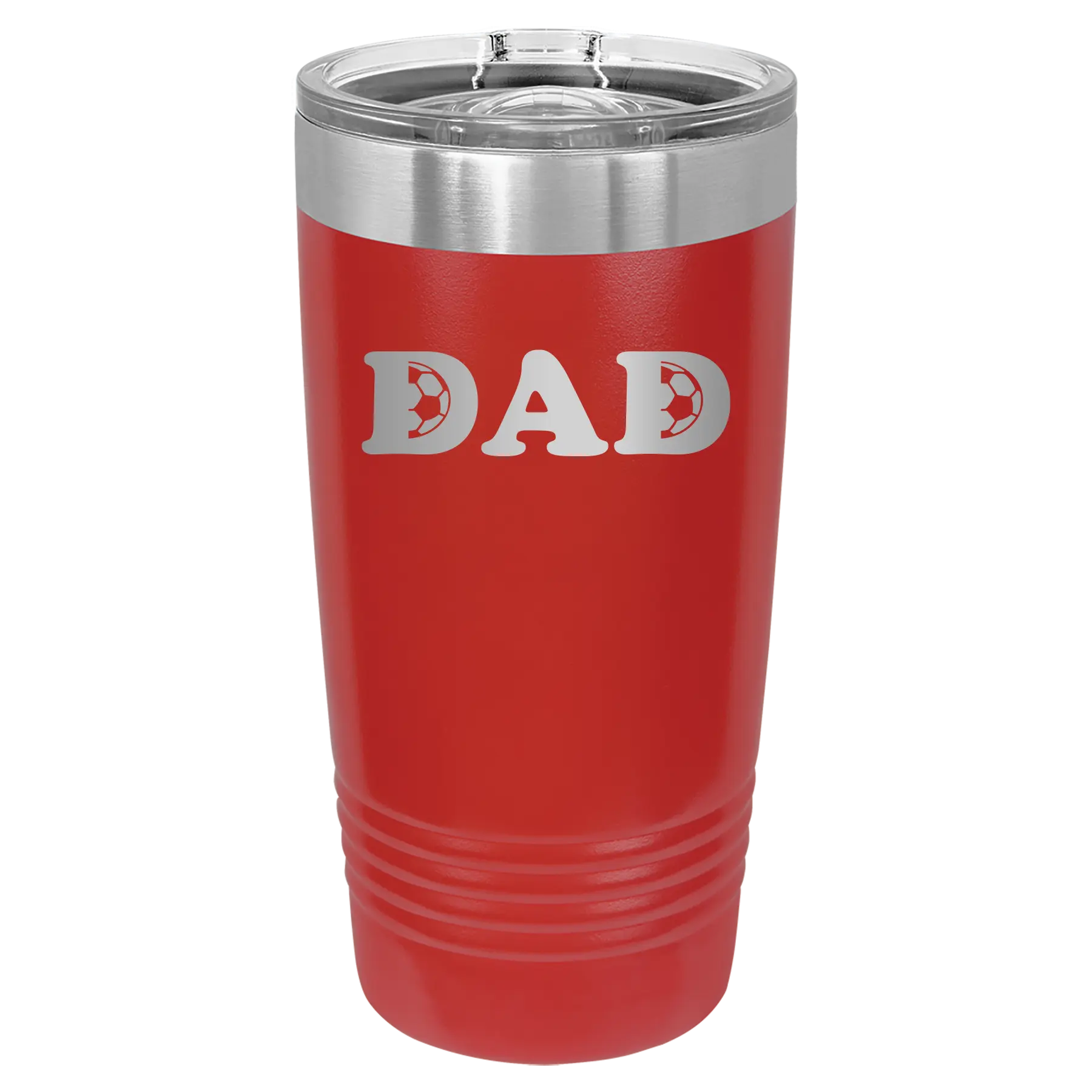 Laser etched red 20 oz vacuum insulated tumbler with 'Soccer Dad' design