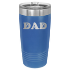 Laser etched royal blue 20 oz vacuum insulated tumbler with 'Soccer Dad' design