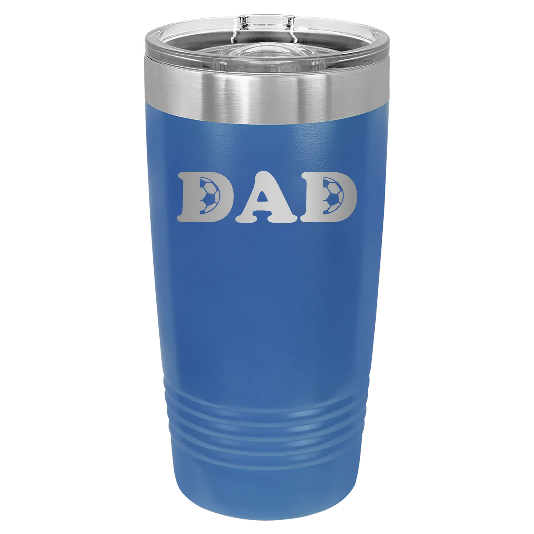 Laser etched royal blue 20 oz vacuum insulated tumbler with 'Soccer Dad' design